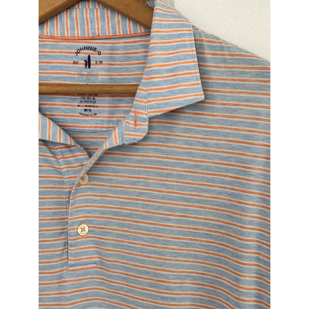 Johnnie-O Top Shelf Mens Large Blue Orange Striped Polo Shirt UPF 50 Golf L 0763